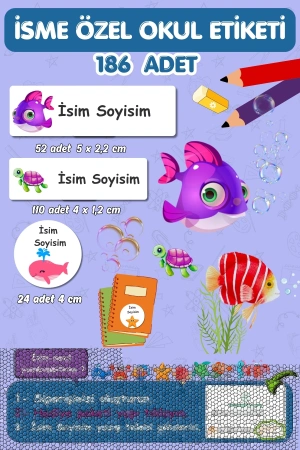 Okyanus Canlıları Temalı İsme Özel 186 Adet Defter-Kalem-Kitap Etiketi