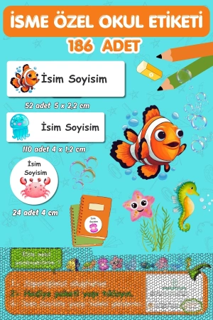 Sualtı Canlıları Temalı İsme Özel 186 Adet Defter-Kalem-Kitap Etiketi