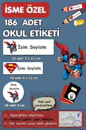 Superman Temalı İsme Özel 186 Adet Defter-Kalem-Kitap Etiketi