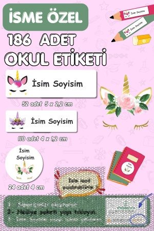 Unicorn Temalı İsme Özel 186 Adet Defter-Kalem-Kitap Etiketi