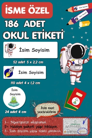 Uzay ve Astronot Temalı İsme Özel 186 Adet Defter-Kalem-Kitap Etiketi