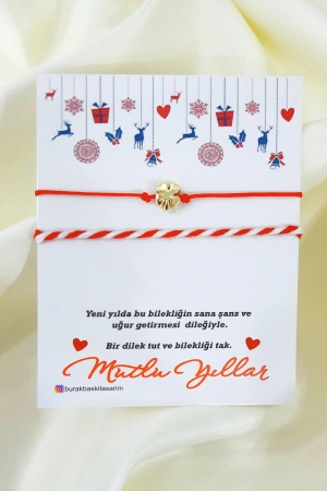 Yılbaşı Noel Temalı Ayarlanabilir, Kırmızı İpli Yeni Yıl Noel Hediyesi Yonca, Dilek Bilekliği