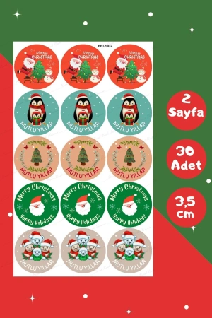 Yılbaşı Temalı Sticker Seti - Mutlu Yıllar Sticker 3,5 cm 30 Adet