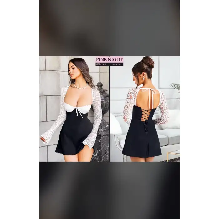 KOLU DANTELLİ MİNİ GECELİK ELBİSE