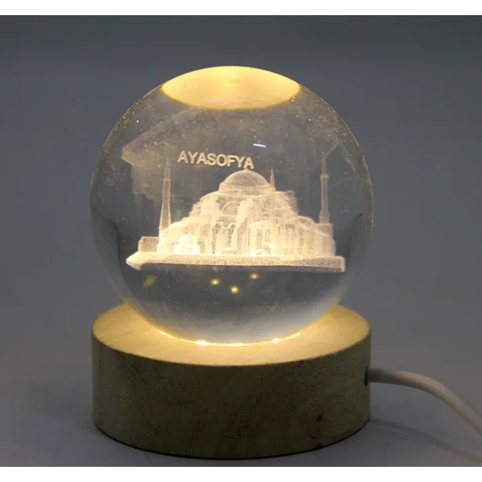 3d Kristal Cam Küre Ahşap Soketli İstanbul Temalı Led Lamba Alk2573
