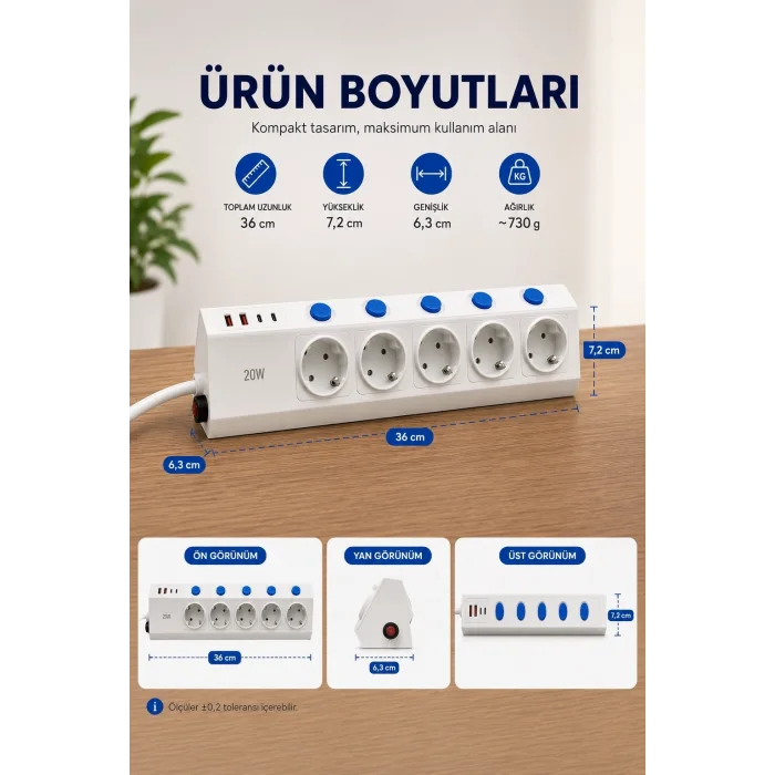5’li Akım Korumalı Çoklu Priz 2 Metre Kablolu 3680w 16a 5 Anahtarlı 2usb-a 2 Usb-c Pd 20w Hızlı Ftr-28