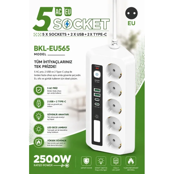 5’li Akım Korumalı Priz 2500w | 2 Usb + 2 Type-c Hızlı Şarj | Led Gece Lambalı | Dokunmatik Beyaz