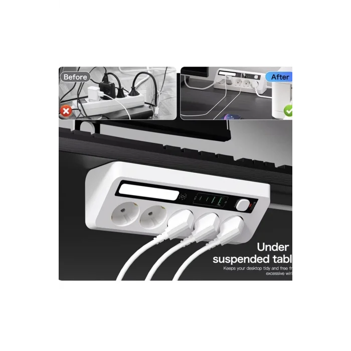 5’li Akım Korumalı Priz 2500w | 2 Usb + 2 Type-c Hızlı Şarj | Led Gece Lambalı | Dokunmatik Beyaz