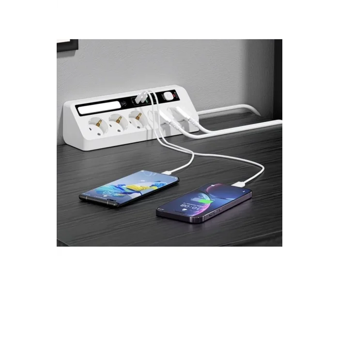 5’li Akım Korumalı Priz 2500w | 2 Usb + 2 Type-c Hızlı Şarj | Led Gece Lambalı | Dokunmatik Beyaz