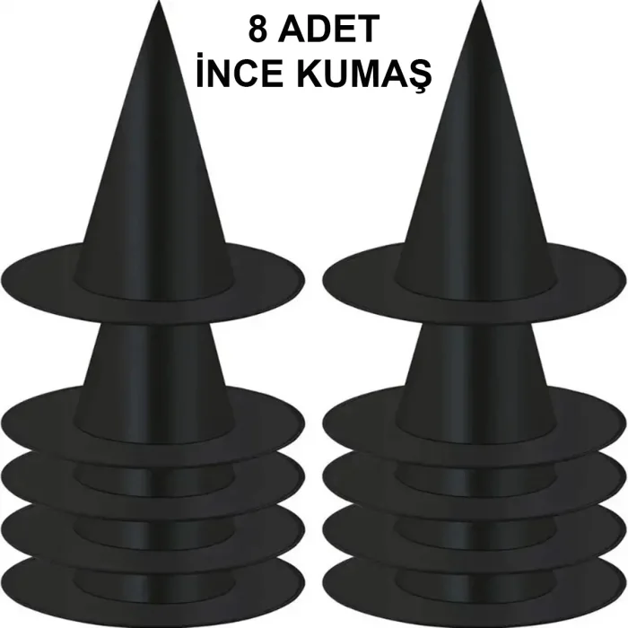 8 Adet Siyah Cadı Şapkası – Yetişkin  Çocuk Kostüm Aksesuarı