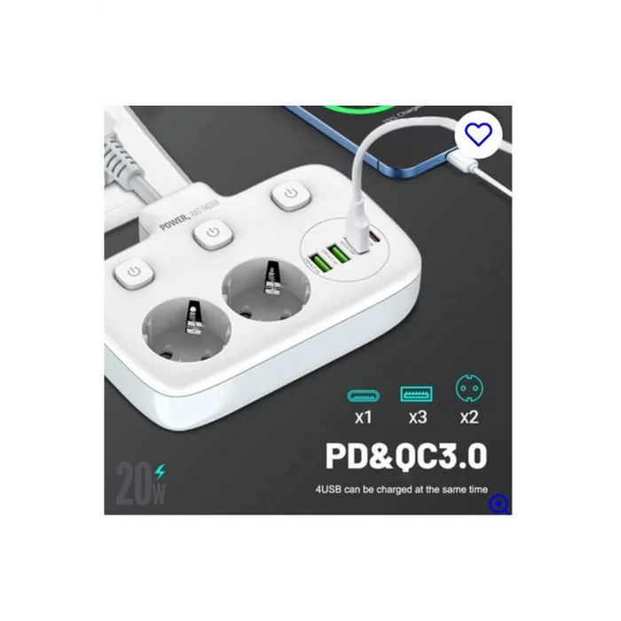 Akım Korumalı 2’li Ayrı Anahtarlı Priz, 2x Priz, 3x Usb, 1x Type-c, 2 Mt Kablo, Hızlı Şarj