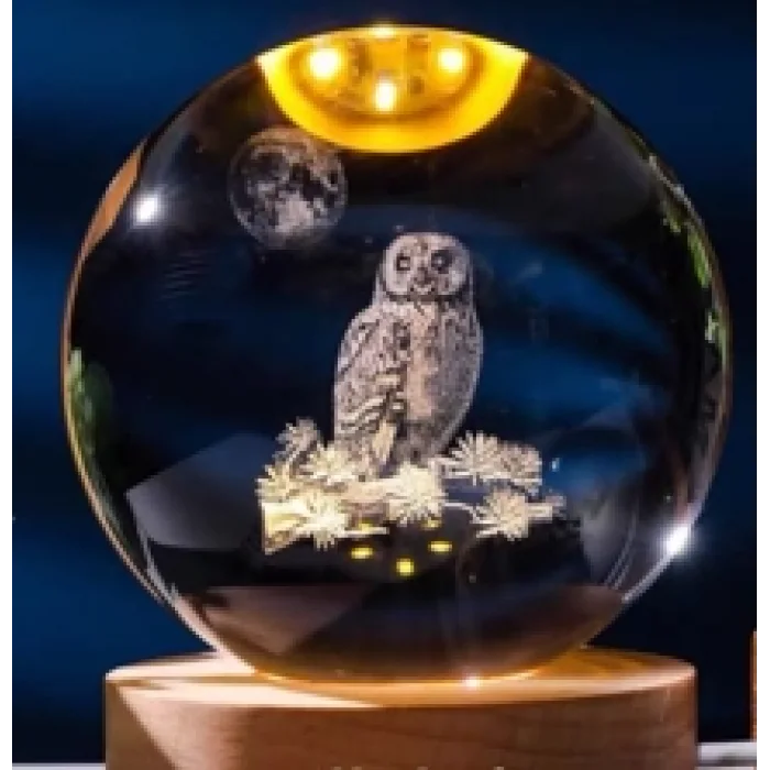 Dekoratif Baykuş Tasarımlı Ahşap Altlıklı Işıklı Cam Küre Büyük Boy 8cm