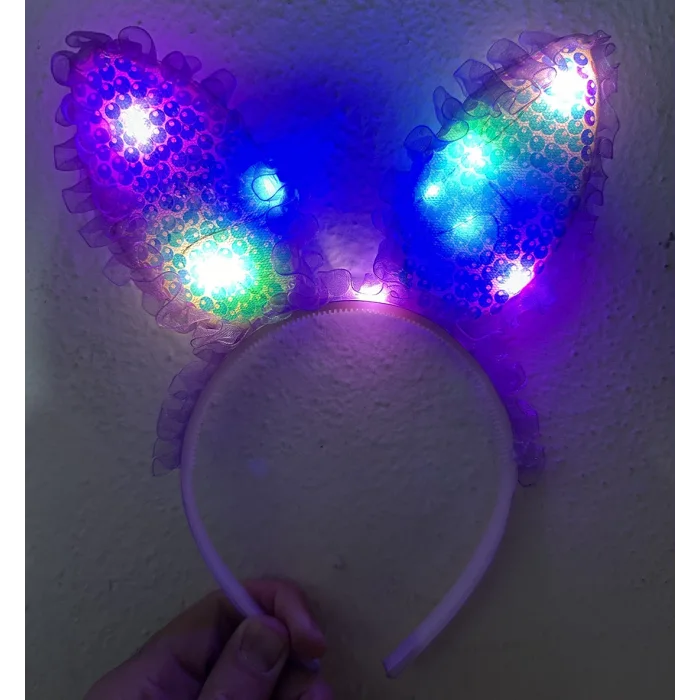 Kenarları Dantelli Mor Pullu Payetli Led Işıklı Tavşan Kulak Taç 23x19 Cm