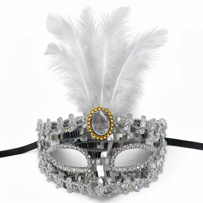 Lüks Gümüş Tüylü Taşlı Balo Maskesi