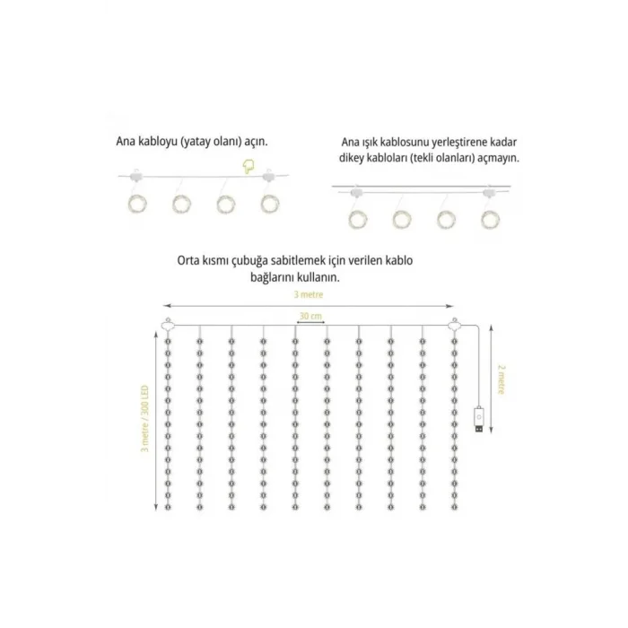 Lw-7 300 Ledli 10 Sarkıt Perde Led Işık, 8 Modlu Uzaktan Kumandalı, 3x3 Metre Peri Telli Led
