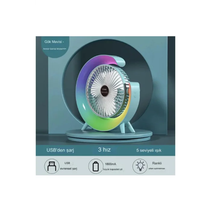 Masaüstü Vantilatör Usb Şarjlı Rgb Led Işıklı 3 Kademeli 180° Ayarlanabilir Soğutucu Fan Yeşil