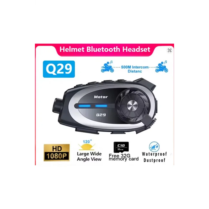 Q29 Motosiklet Kask Bluetooth Kulaklık Eşleşmeli 1080p Kamera Geniş Açı Su Geçirmez Intercom