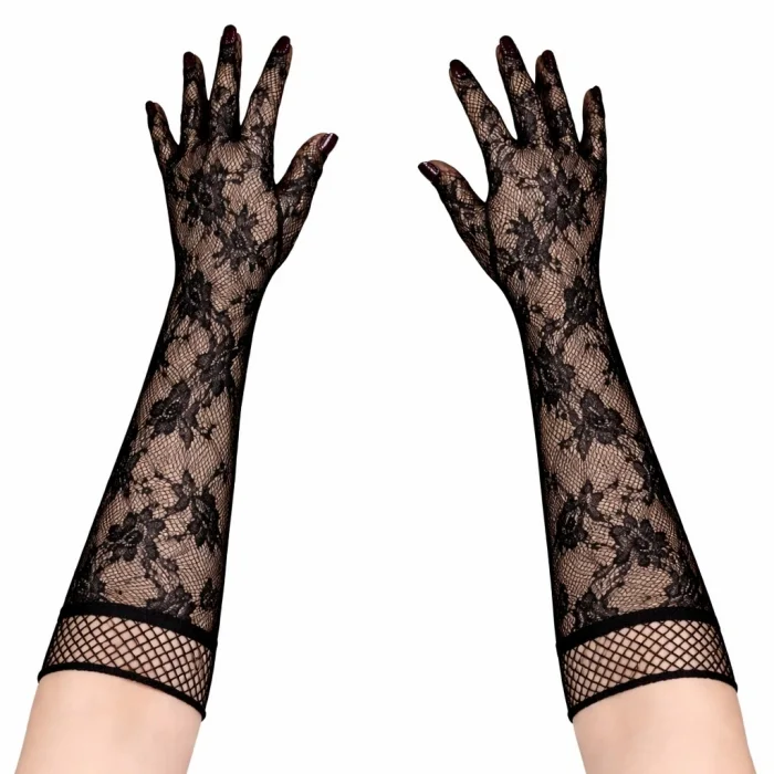 Siyah Uzun Gül Desenli Dantel Kadın Eldiveni