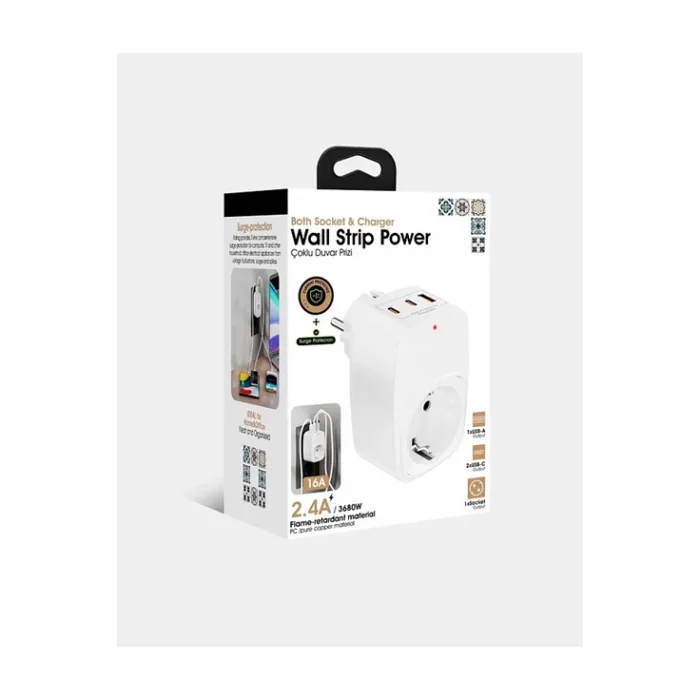 Tekli Yüksek Voltaj Korumalı Duvar Prizi 2x Type-c 1x Usb Çıkışlı Priz Grup Priz Çoğaltıcı Siyah