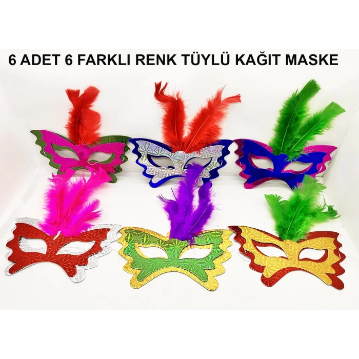 Renkli Parti Maskesi 639lı | Tüylü Karton Maske Seti (lastikli)