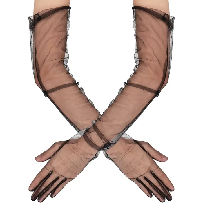 Uzun Boy Likralı Siyah Renk Yetişkin Mega Tül Eldiven 53 Cm