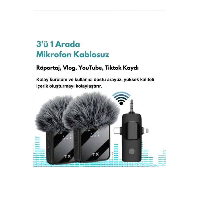 Yüksek Kalite Profesyonel 3 In 1 Kablosuz Taşınabilir Yaka Mikrofonu Tüylü