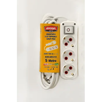 Amiral 3 Lü Topraklı Anahtarlı 5 Metre Kablolu Grup Priz