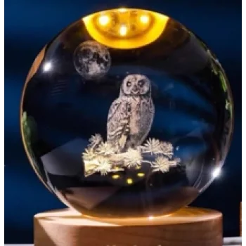 Dekoratif Baykuş Tasarımlı Ahşap Altlıklı Işıklı Cam Küre Büyük Boy 8cm