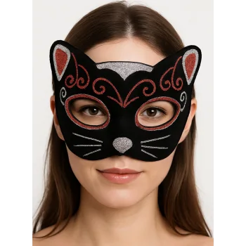 Kadife Dokulu Sim Detaylı Işıltılı Kedi Maskesi Kırmızı Gümüş 20x13 Cm