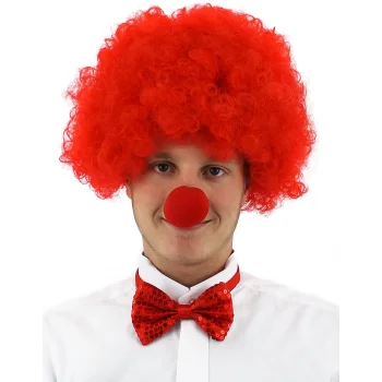 Kırmızı Renk Kıvırcık Afro Bonus Peruk Takma Saç Ve Kırmızı Burun Seti