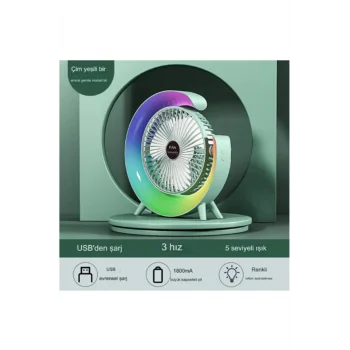 Masaüstü Vantilatör Usb Şarjlı Rgb Led Işıklı 3 Kademeli 180° Ayarlanabilir Soğutucu Fan Yeşil