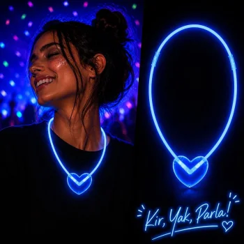 Neon Işıklı Fosforlu Kalp Parti Kolyesi Mavi Renk
