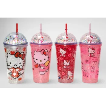 Sevimli Hello Kitty Işıklı Pipetli Boncuklu Suluk & Bardak 400 Ml Alk3145