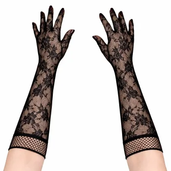 Siyah Uzun Gül Desenli Dantel Kadın Eldiveni