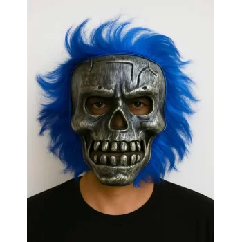 Wild Skull - Gümüş Kafatası Mavi Saçlı İskelet Maske
