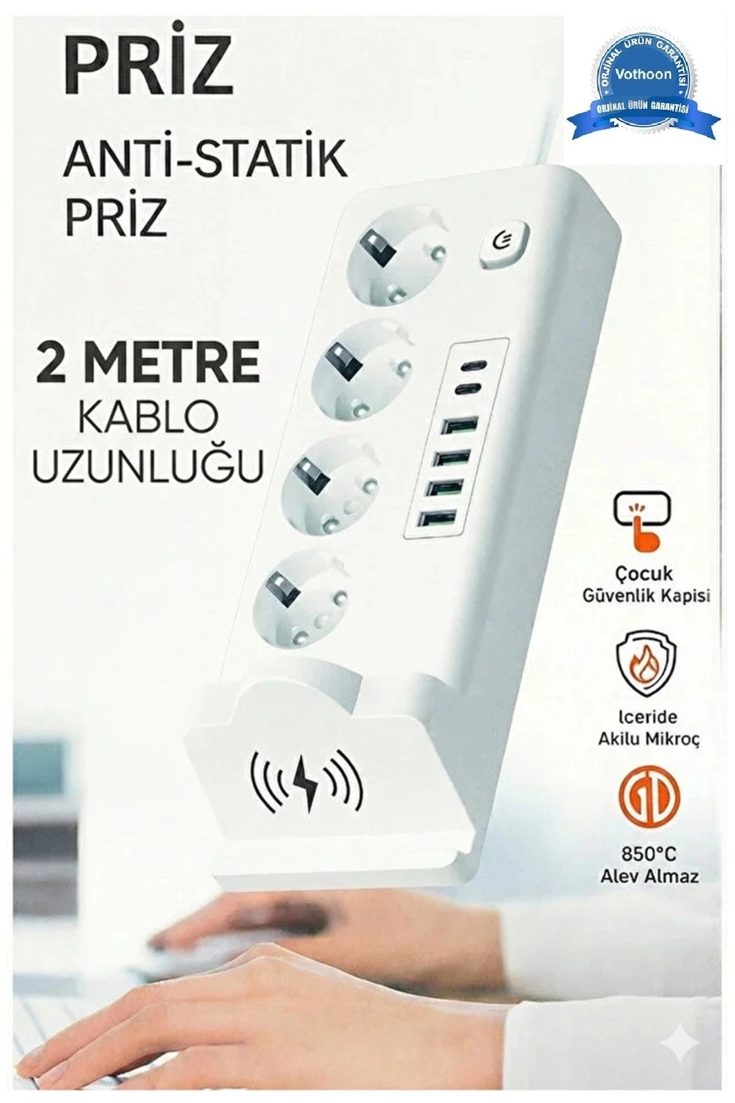 Akım Korumalı Priz Ve Masaüstü Şarj İstasyonu Kablosuz 4 Priz ,4 Usb, 2 Type-c Girişli 2 Metre