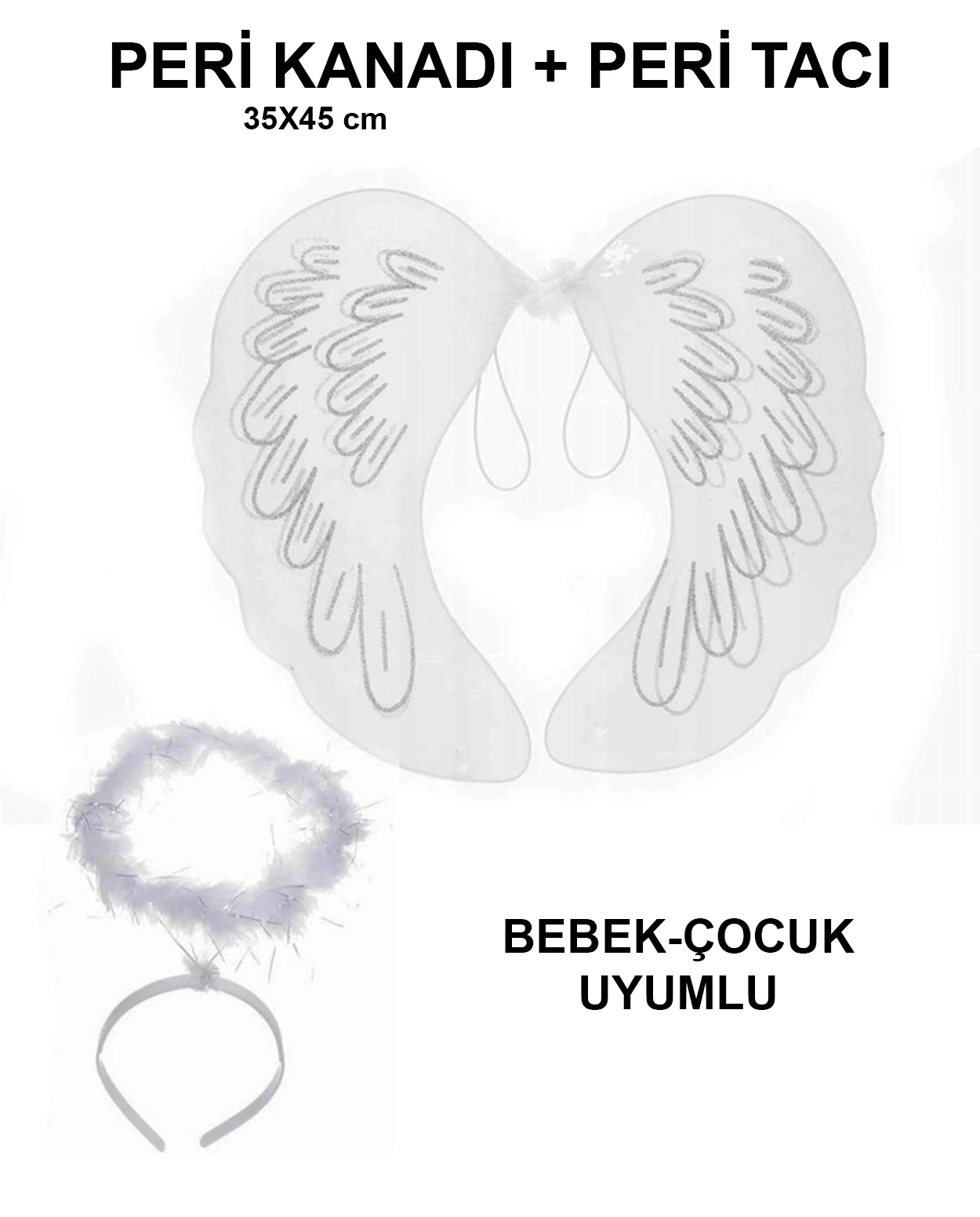 Beyaz Dantel Tüllü Peri Kanadı Ve Peri Tacı Seti 45x40 Cm
