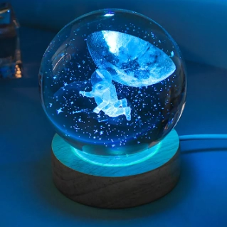 Decorative Flying Astronot Design Wood Bottom Light Glass Globe Large Size Glass:8cm Wood:2cm