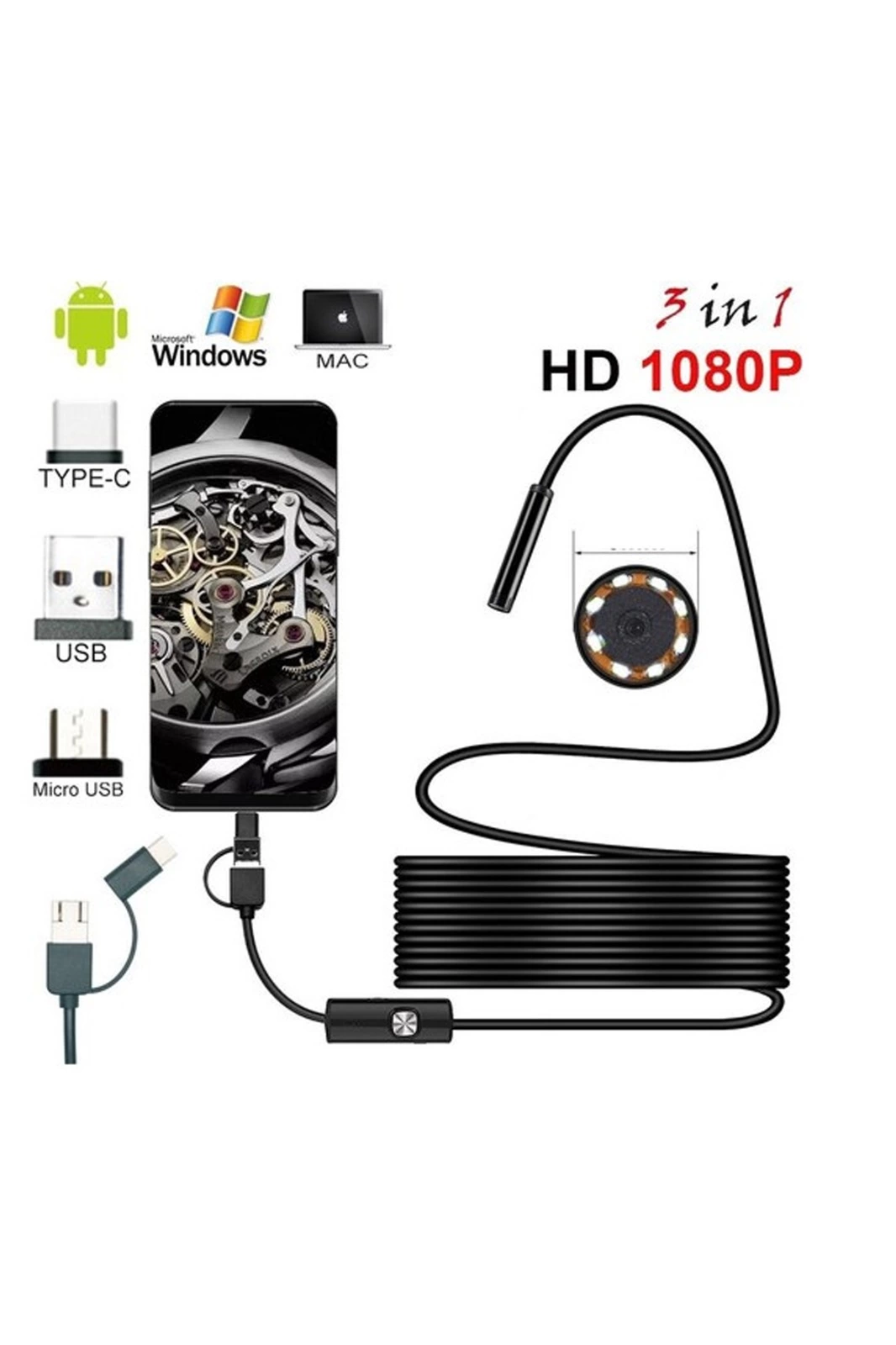 Endoskop 3 İn 1 Yılan Kamera Usb Micro Usb Type-c 20 Metre Sert Kablo