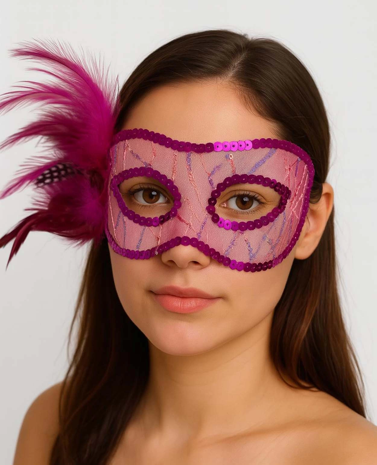 Fuşya Color Side Feather Sequin Embroidered Party Mask 23x12 Cm