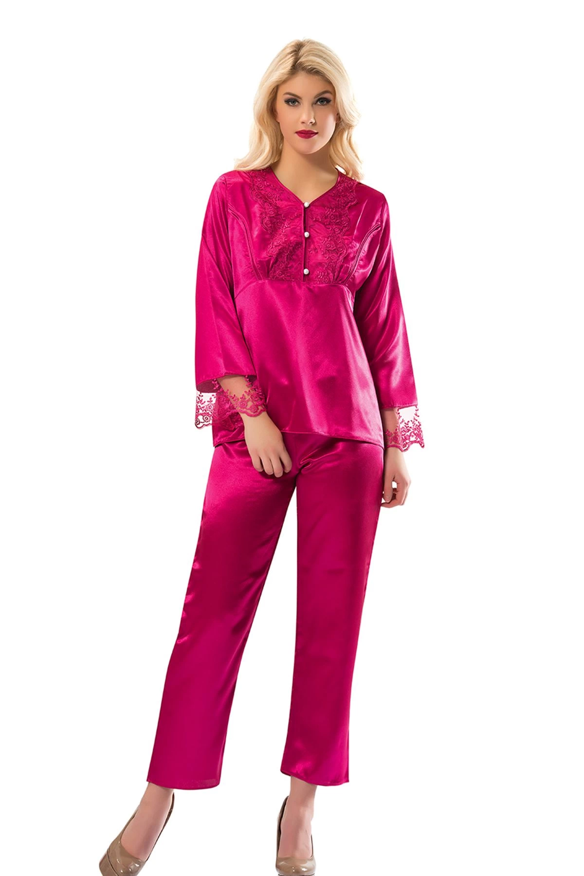 Fuşya Satin Pijama Set - 1595