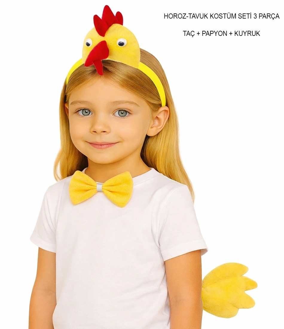Horoz – Tavuk Kostüm Aksesuar Seti - Taç Papyon Kuyruk
