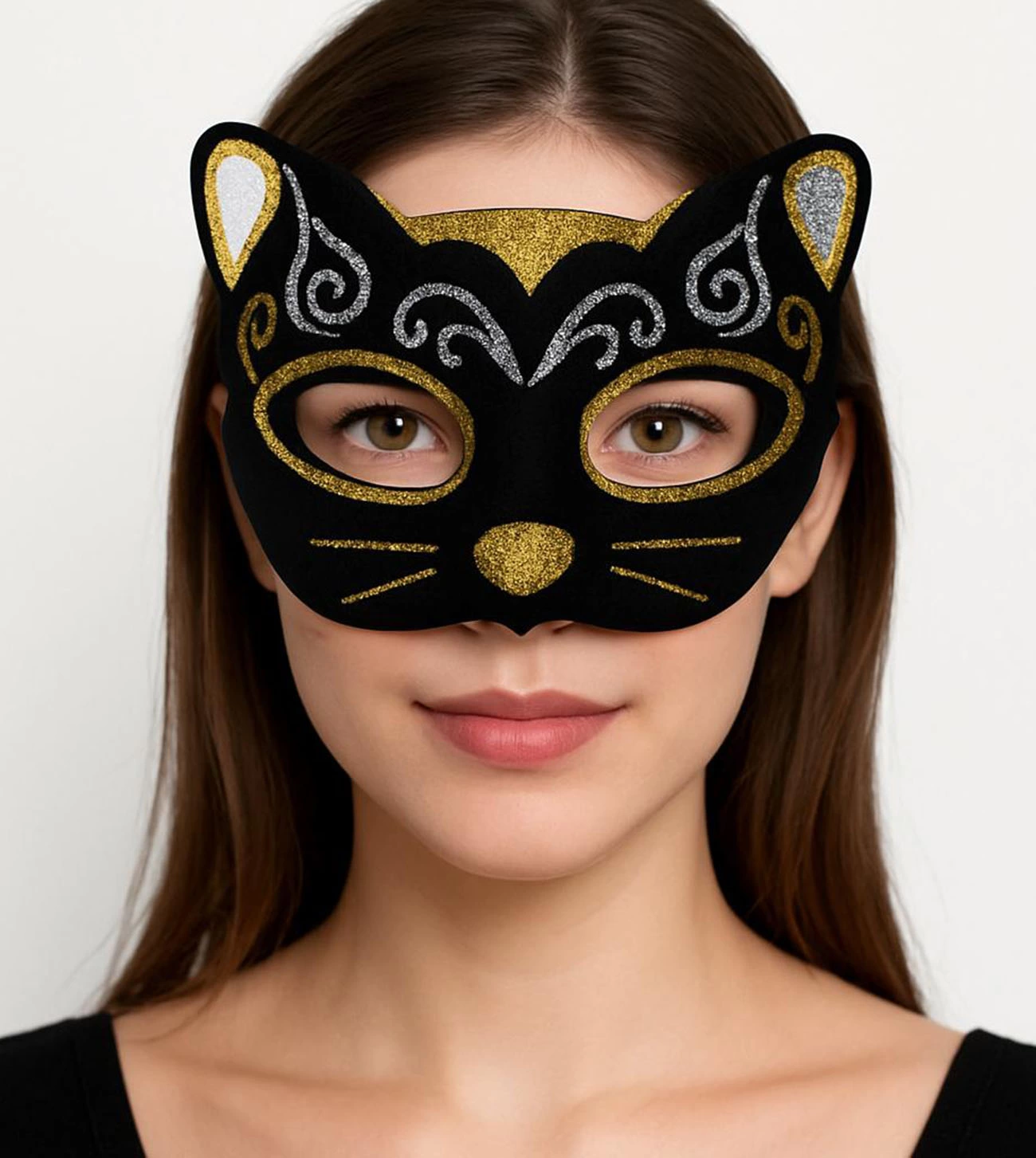 Velvet Textured Sim Detailed Embroidered Cat Mask Gold Silver 20x13 Cm