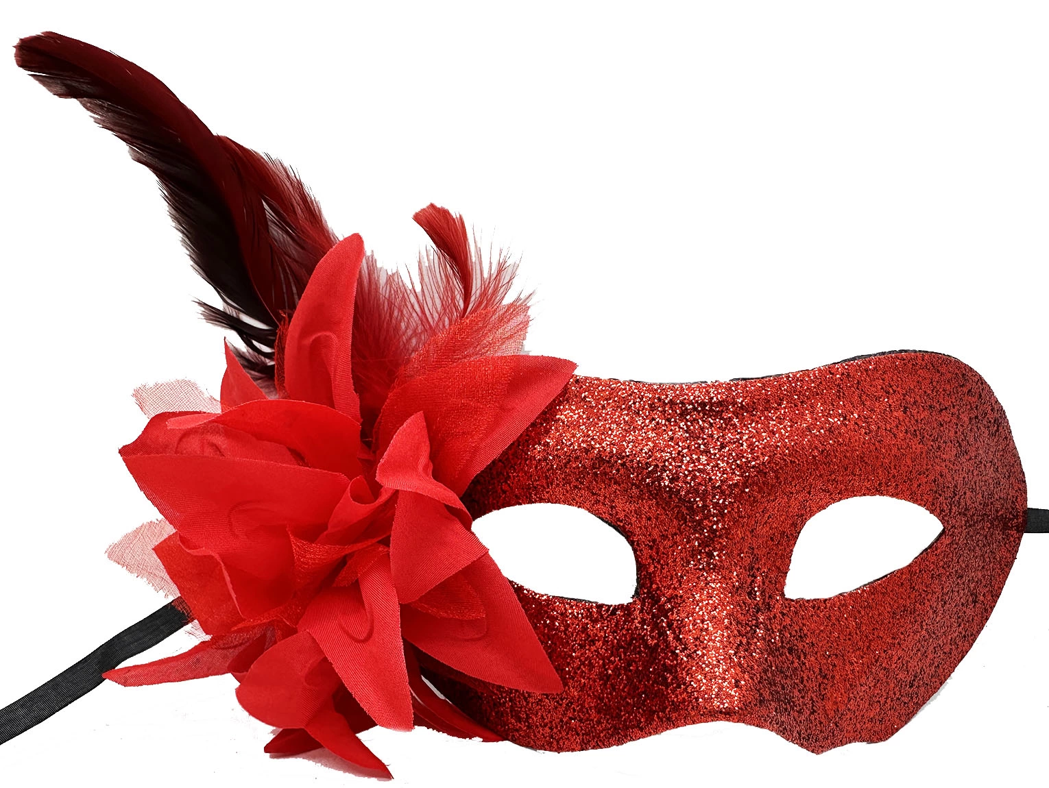 Red Color Metalized Silver Appearance Bright Feather Party Mask 22x19 Cm