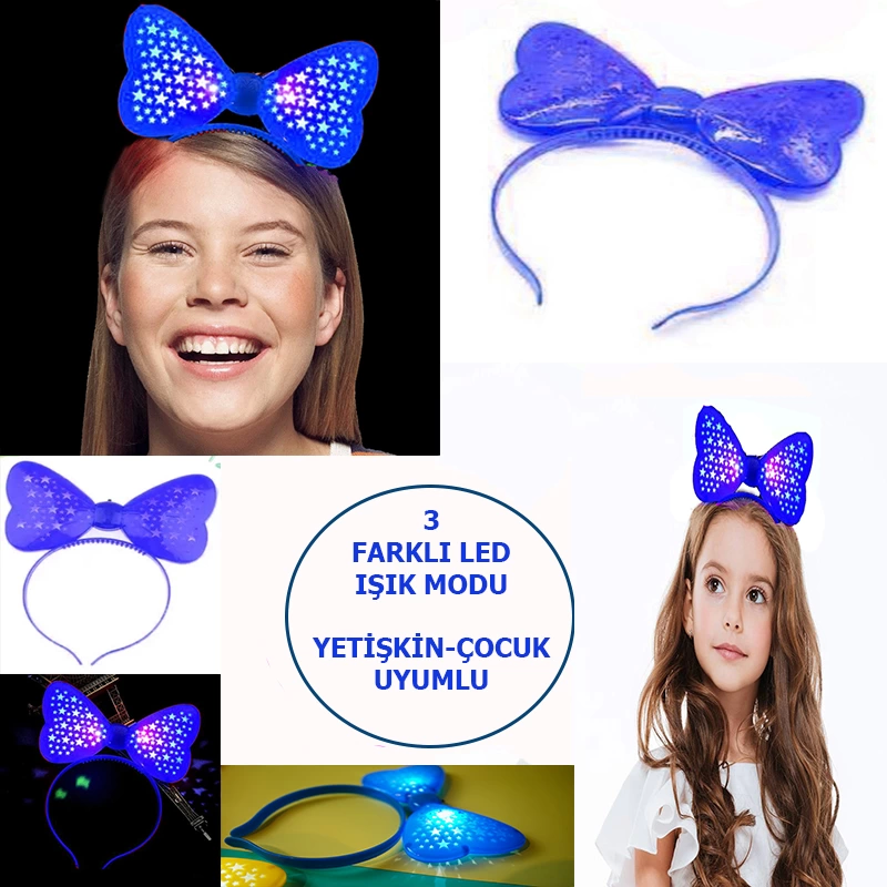 Led Işıklı Pilli 3 Farklı Modda Yanan Yıldızlı Fiyonk Parti Tacı Mavi Renk 19x15 Cm