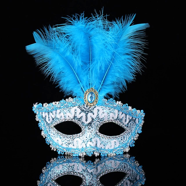 Blue Lace Embroidered Blue Feather Balo Party Mask 17x20 Cm