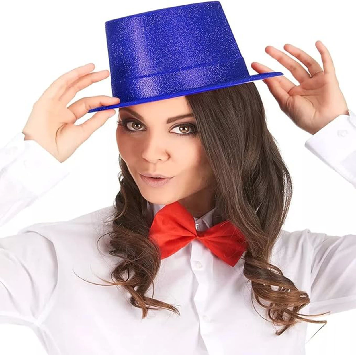 Blue Color Glow Simli Fötr Cylinder Party Hat