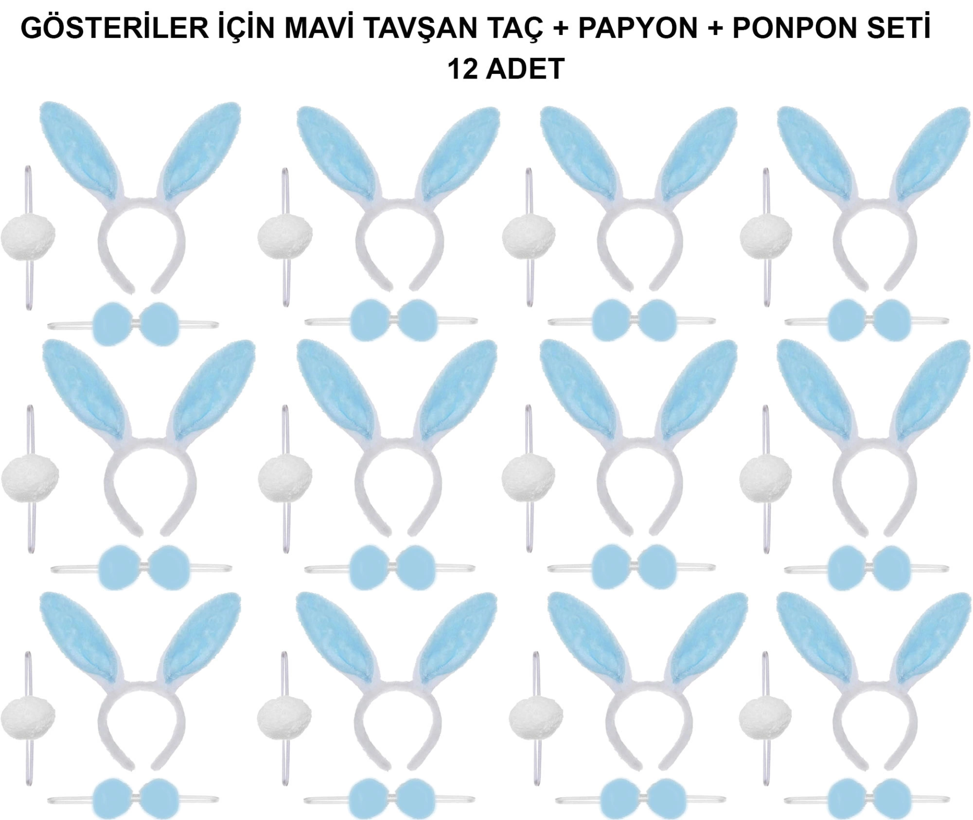 Mavi Tavşan Kostüm Seti – Taç, Papyon, Ponpon (12’li Paket)