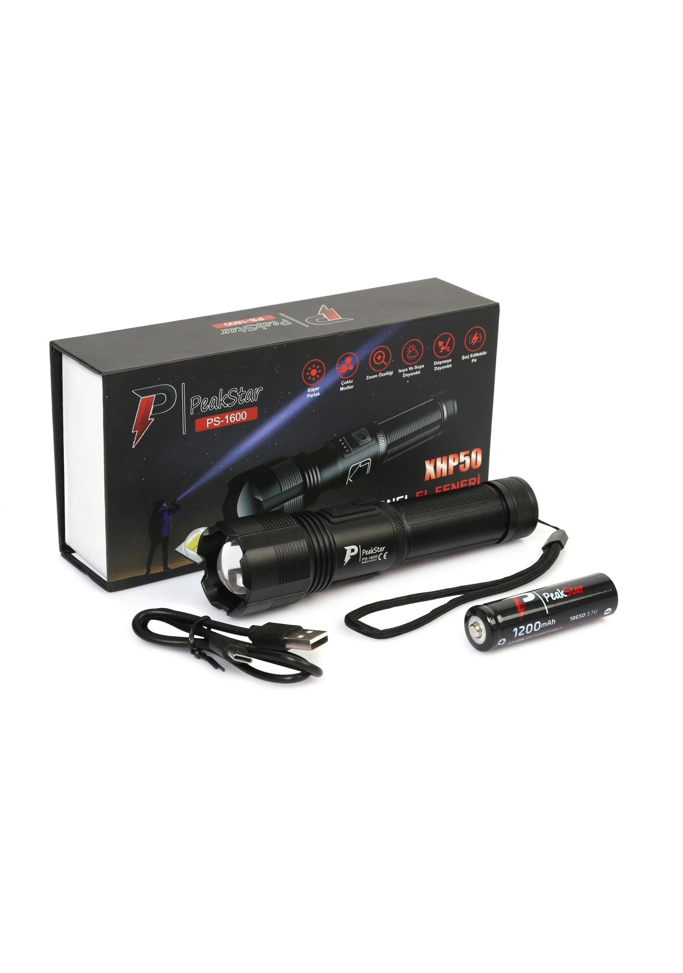 Ps-1600 Super Bright Led Zoomed 5 Mod Waterproof Professional Camping Guard Hunter Flashlight