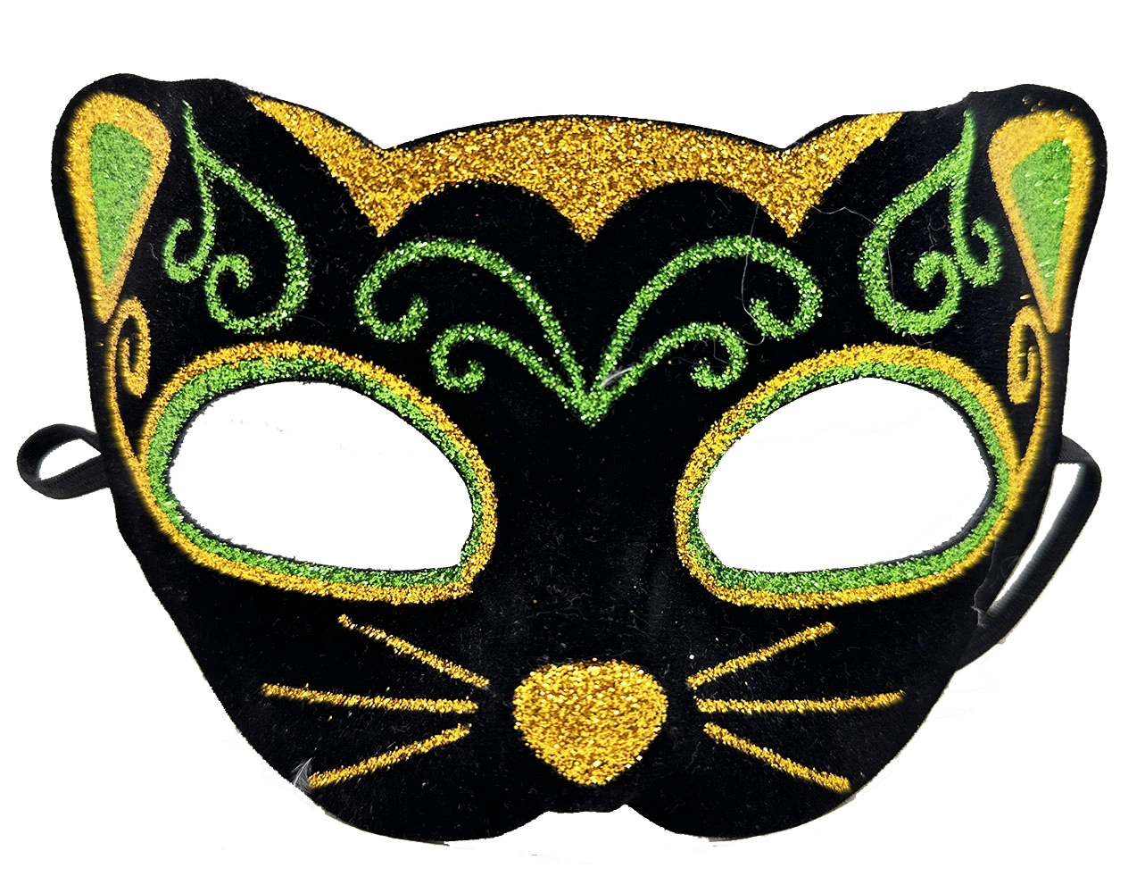 Black Velvet Coating Over Yellow Green Sim Embroidered Cat Mask 20x13 Cm